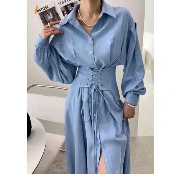 NWOT Korean Brand Black Corset Lace Up Long Belted Button Down Dress - Picture 3 of 16